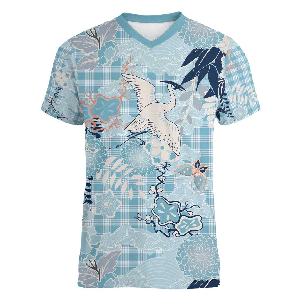 Blue Palaka Crane and Flowers Women V-Neck T-Shirt Japan Heritage Spirit LT9 Female Blue - Polynesian Pride