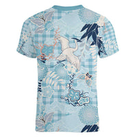 Blue Palaka Crane and Flowers Women V-Neck T-Shirt Japan Heritage Spirit LT9 - Polynesian Pride