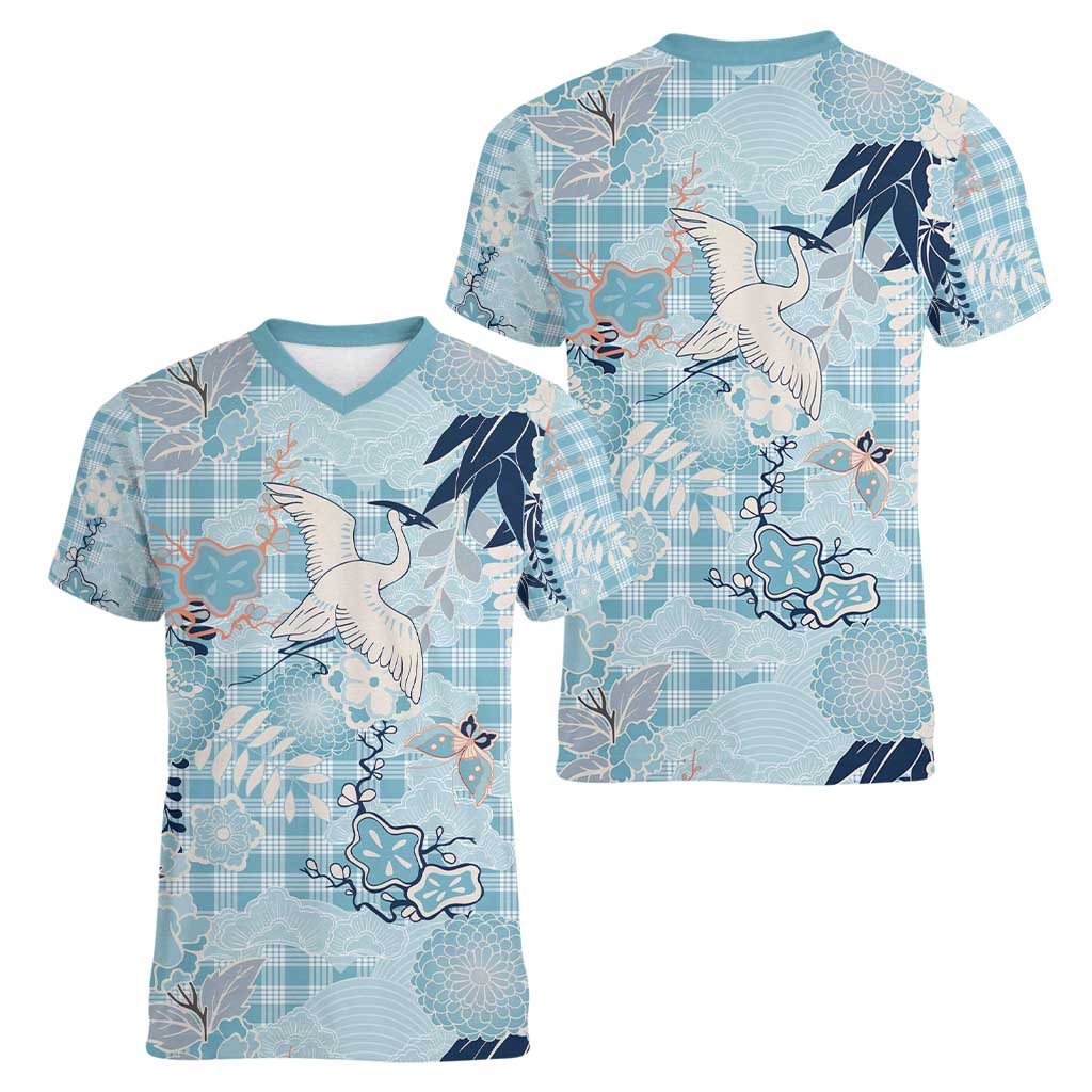 Blue Palaka Crane and Flowers Women V-Neck T-Shirt Japan Heritage Spirit LT9 - Polynesian Pride