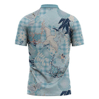 Blue Palaka Crane and Flowers Zipper Polo Shirt Japan Heritage Spirit LT9 - Polynesian Pride