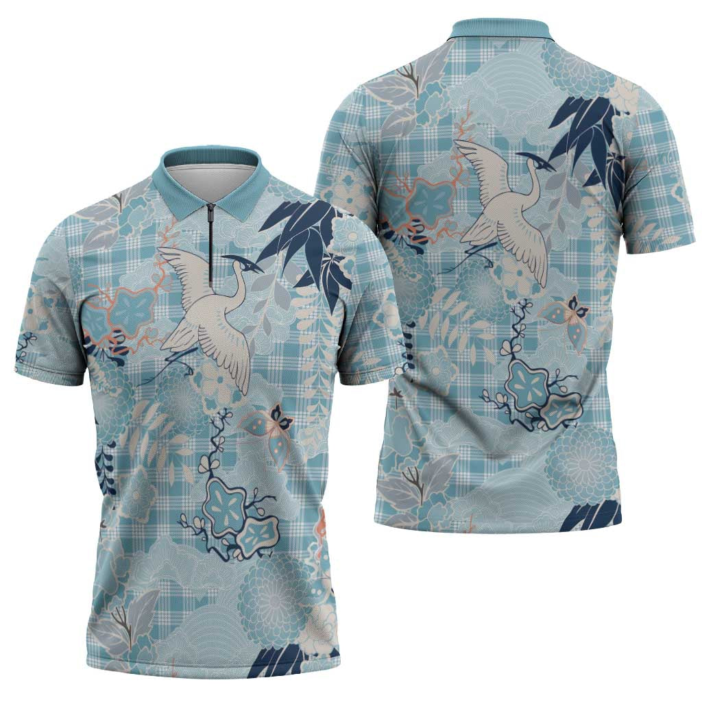 Blue Palaka Crane and Flowers Zipper Polo Shirt Japan Heritage Spirit LT9 - Polynesian Pride