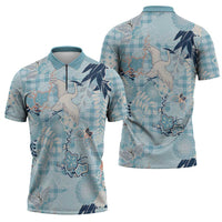 Blue Palaka Crane and Flowers Zipper Polo Shirt Japan Heritage Spirit LT9 - Polynesian Pride