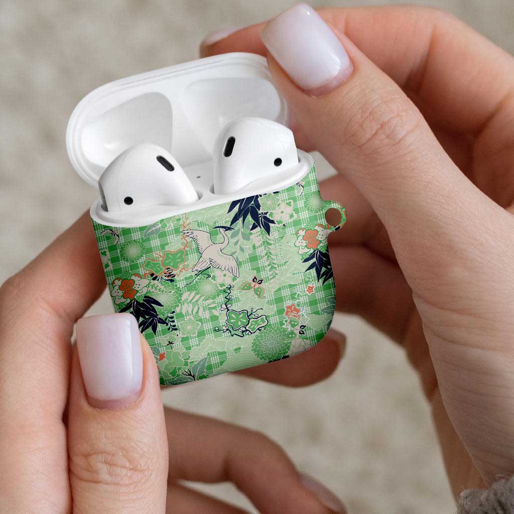 Green Palaka Crane and Flowers AirPods Case Japan Heritage Spirit - Polynesian Pride