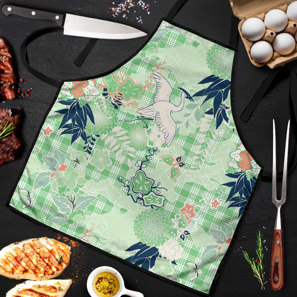 Green Palaka Crane and Flowers Apron Japan Heritage Spirit - Polynesian Pride