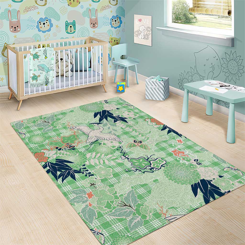 Green Palaka Crane and Flowers Area Rug Japan Heritage Spirit - Polynesian Pride