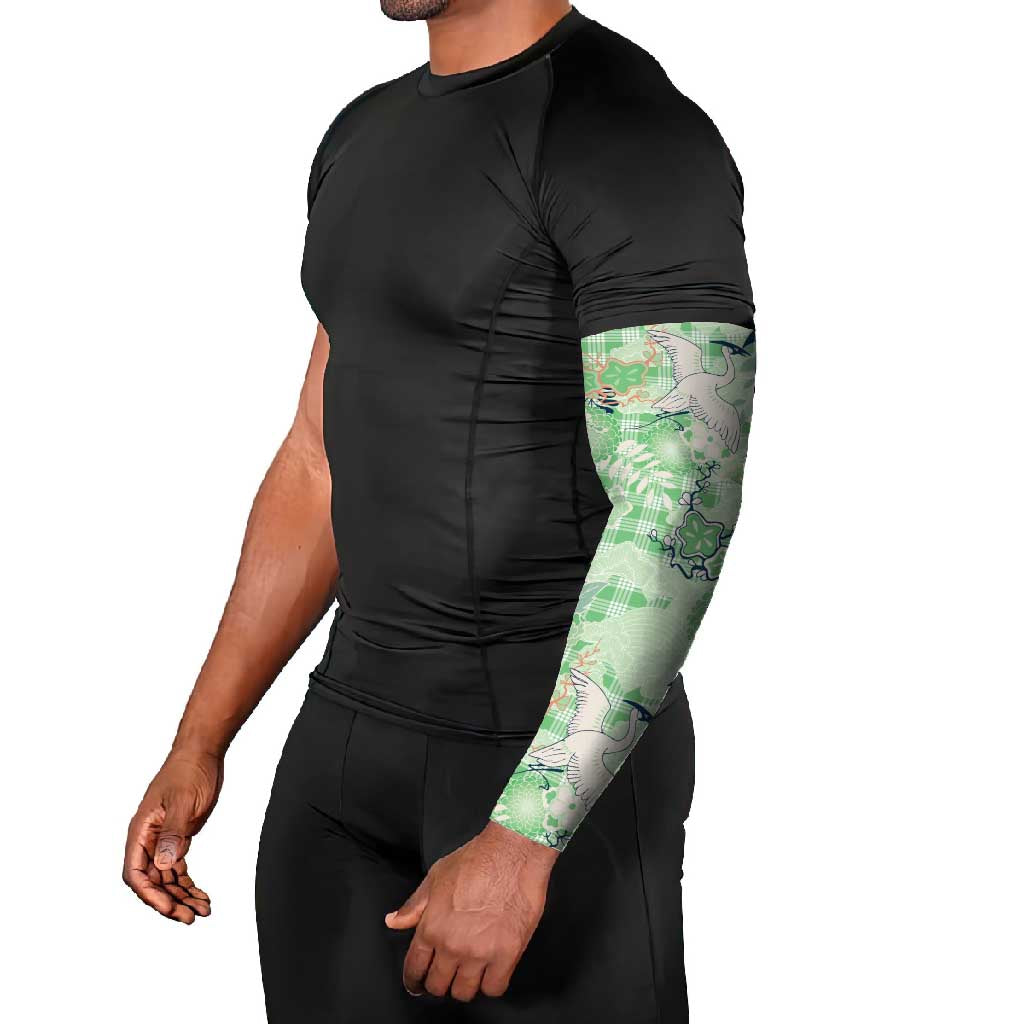 Green Palaka Crane and Flowers Arm Sleeves Japan Heritage Spirit - Polynesian Pride