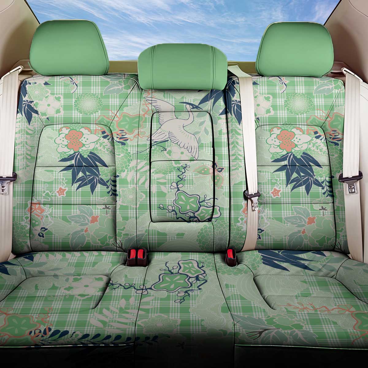 Green Palaka Crane and Flowers Back Car Seat Cover Japan Heritage Spirit LT9 One Size Green - Polynesian Pride