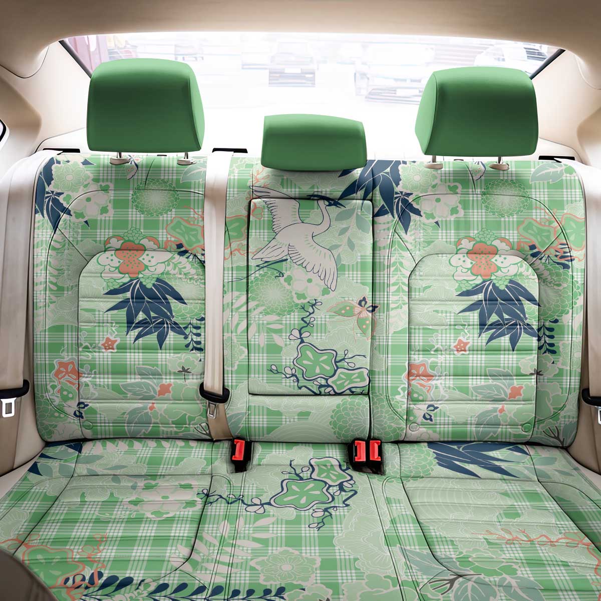 Green Palaka Crane and Flowers Back Car Seat Cover Japan Heritage Spirit LT9 - Polynesian Pride