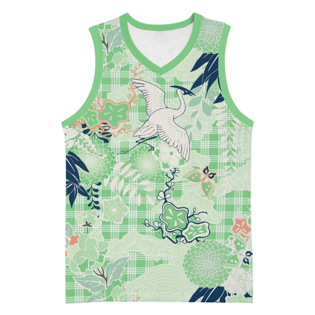 Green Palaka Crane and Flowers Basketball Jersey Japan Heritage Spirit LT9 Unisex Green - Polynesian Pride