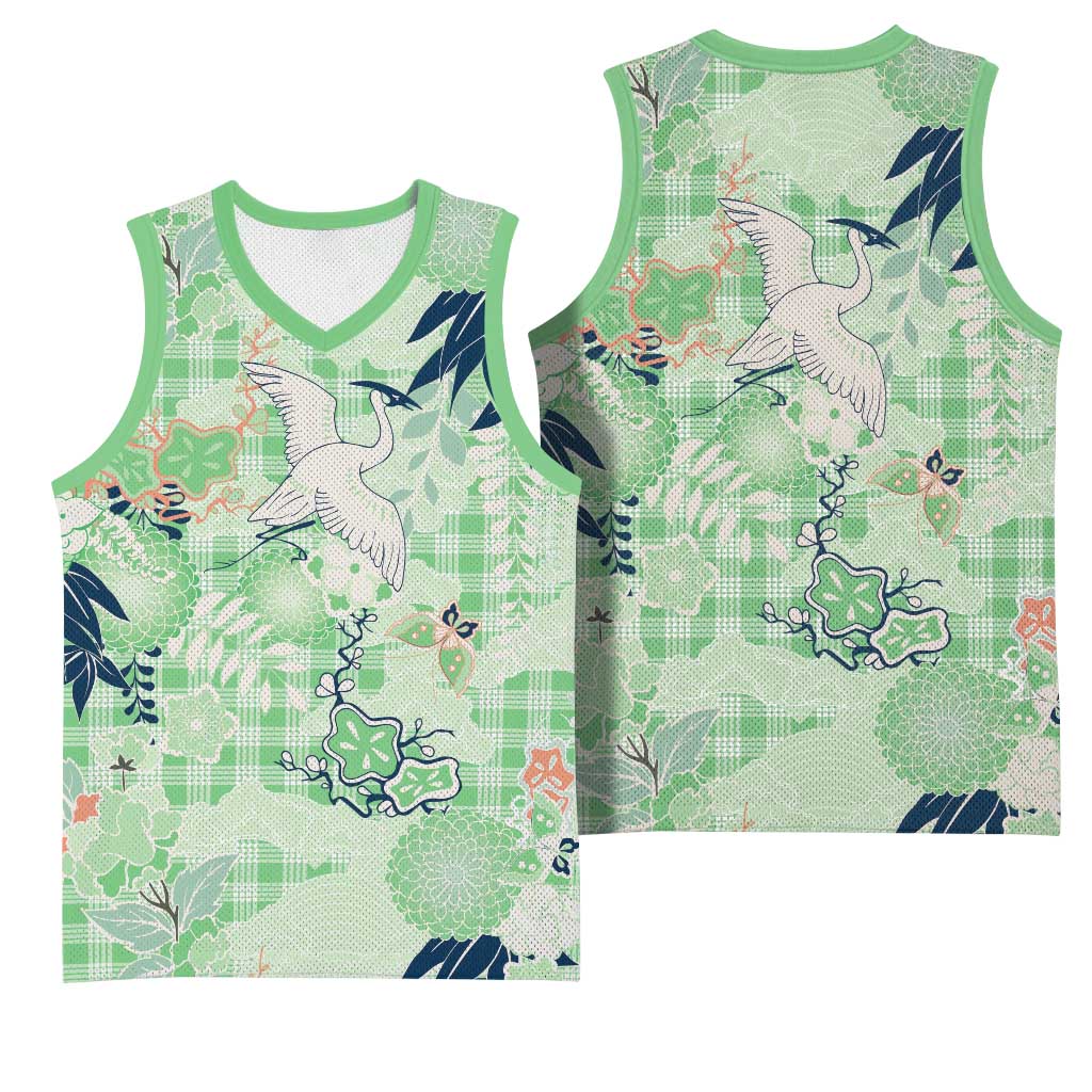 Green Palaka Crane and Flowers Basketball Jersey Japan Heritage Spirit LT9 - Polynesian Pride