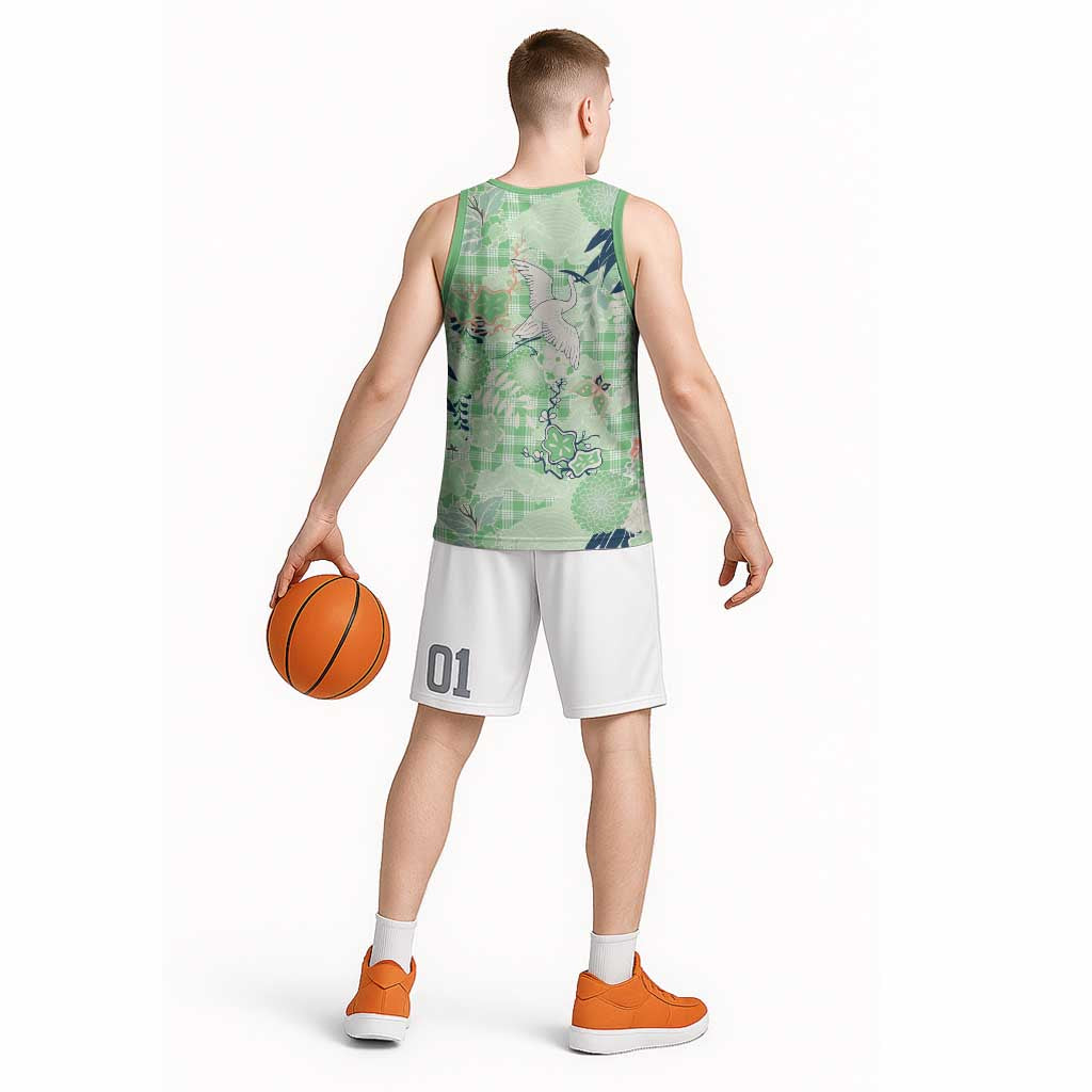 Green Palaka Crane and Flowers Basketball Jersey Japan Heritage Spirit LT9 - Polynesian Pride