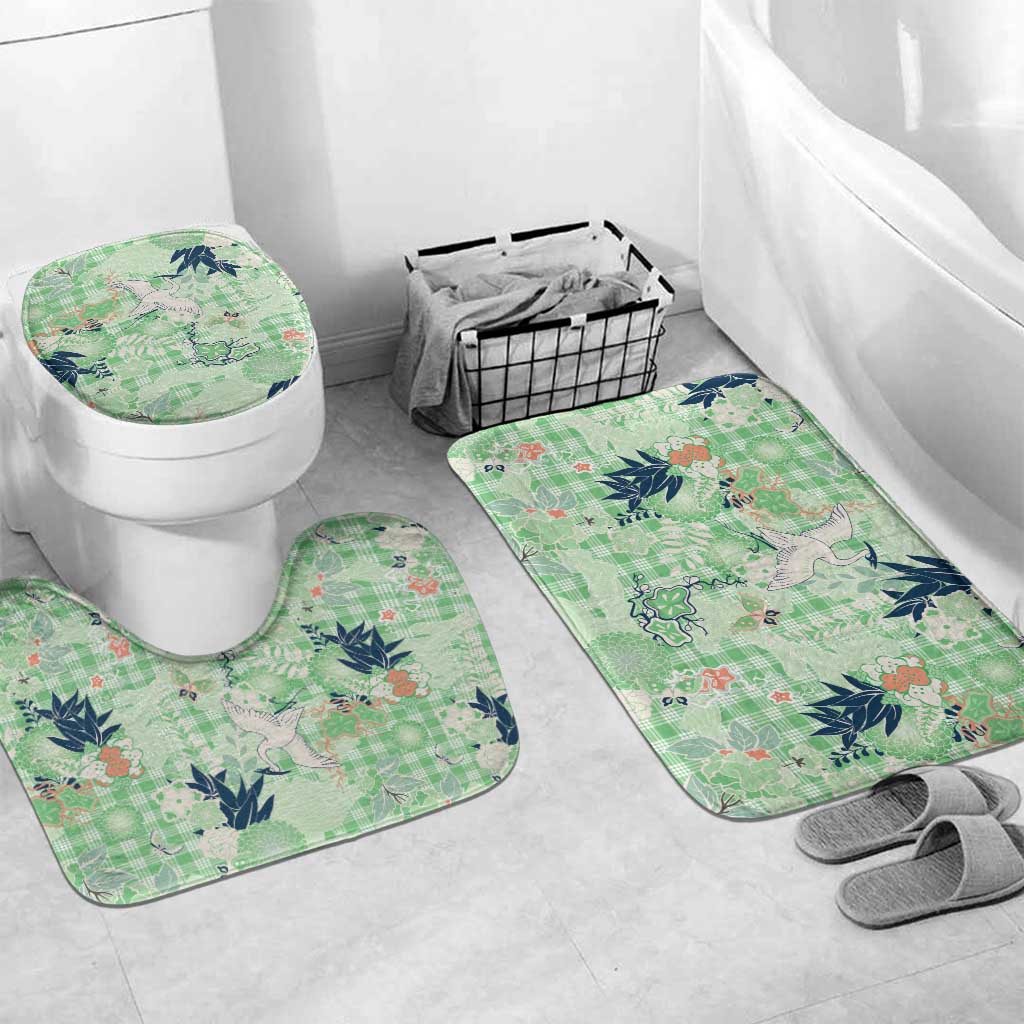Green Palaka Crane and Flowers Bathroom Set Japan Heritage Spirit - Polynesian Pride