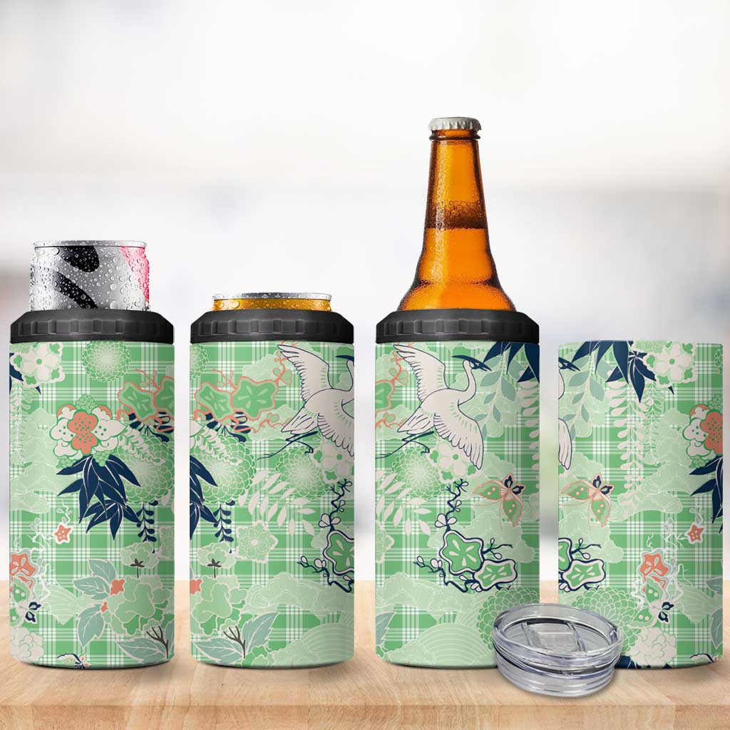Green Palaka Crane and Flowers 4 in 1 Can Cooler Tumbler Japan Heritage Spirit LT9 - Polynesian Pride