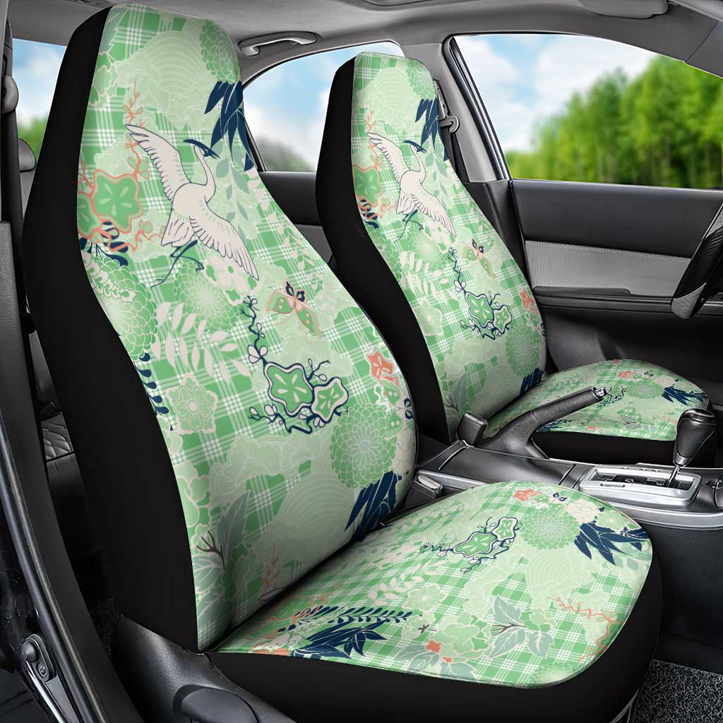 Green Palaka Crane and Flowers Car Seat Cover Japan Heritage Spirit LT9 - Polynesian Pride