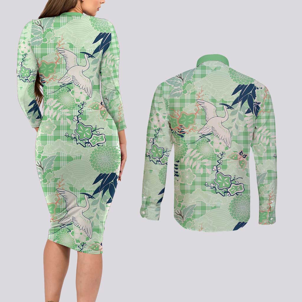 Green Palaka Crane and Flowers Couples Matching Long Sleeve Bodycon Dress and Long Sleeve Button Shirt Japan Heritage Spirit LT9 - Polynesian Pride