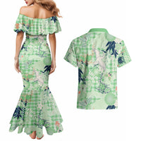 Green Palaka Crane and Flowers Couples Matching Mermaid Dress and Hawaiian Shirt Japan Heritage Spirit LT9 - Polynesian Pride