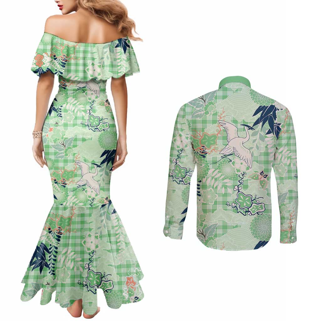 Green Palaka Crane and Flowers Couples Matching Mermaid Dress and Long Sleeve Button Shirt Japan Heritage Spirit LT9 - Polynesian Pride
