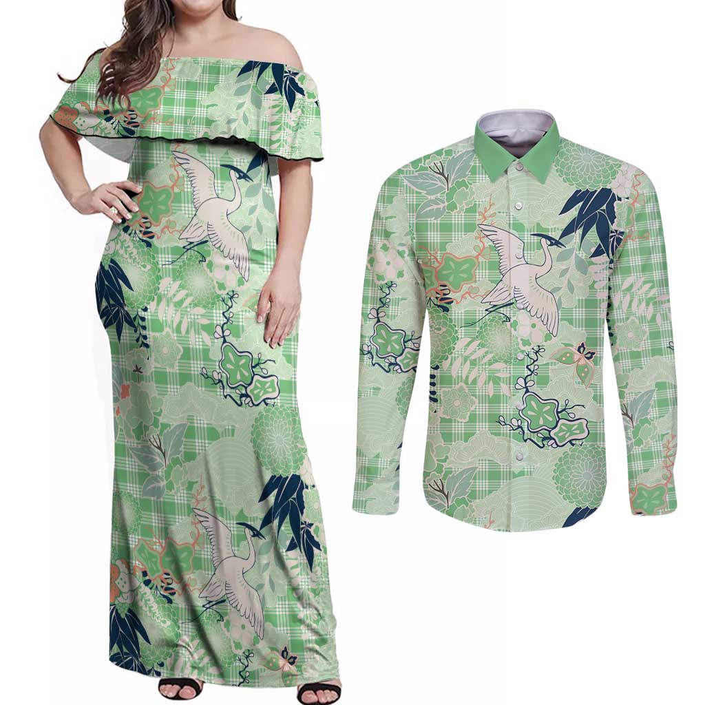 Green Palaka Crane and Flowers Couples Matching Off Shoulder Maxi Dress and Long Sleeve Button Shirt Japan Heritage Spirit LT9 Green - Polynesian Pride