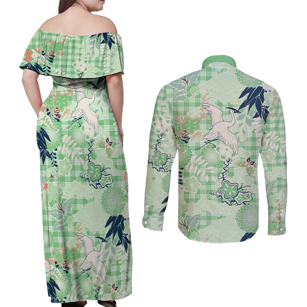 Green Palaka Crane and Flowers Couples Matching Off Shoulder Maxi Dress and Long Sleeve Button Shirt Japan Heritage Spirit LT9 - Polynesian Pride