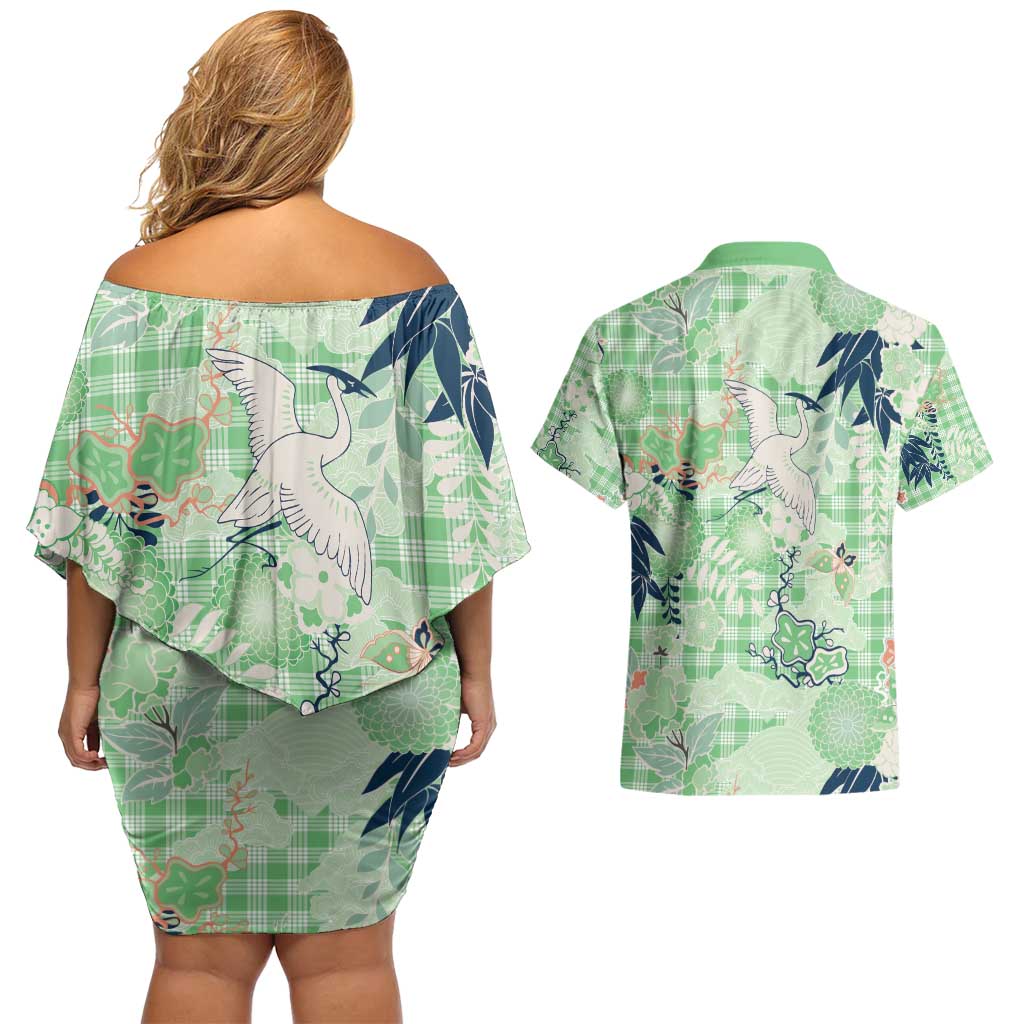 Green Palaka Crane and Flowers Couples Matching Off Shoulder Short Dress and Hawaiian Shirt Japan Heritage Spirit LT9 - Polynesian Pride