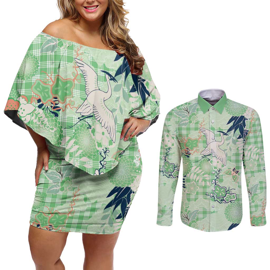 Green Palaka Crane and Flowers Couples Matching Off Shoulder Short Dress and Long Sleeve Button Shirt Japan Heritage Spirit LT9 Green - Polynesian Pride