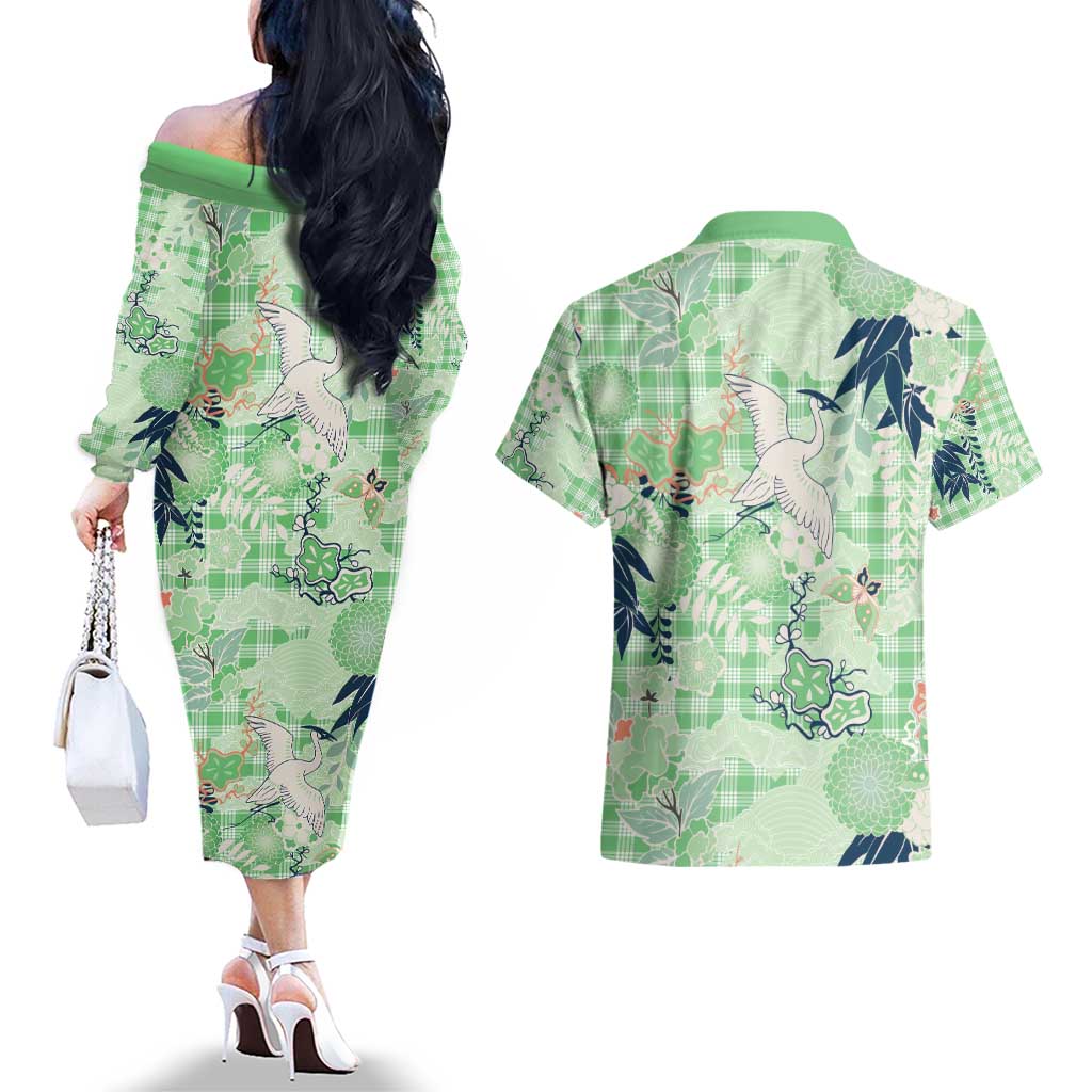 Green Palaka Crane and Flowers Couples Matching Off The Shoulder Long Sleeve Dress and Hawaiian Shirt Japan Heritage Spirit LT9 - Polynesian Pride