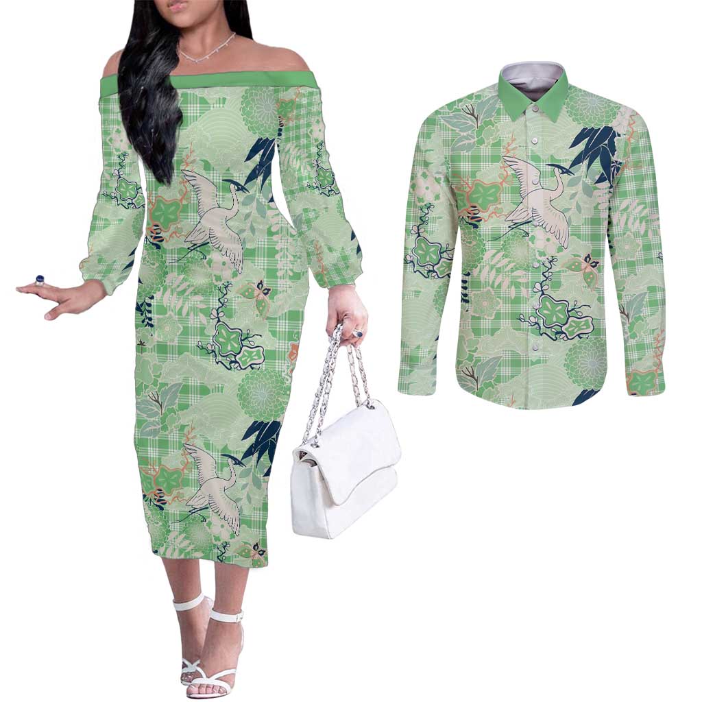 Green Palaka Crane and Flowers Couples Matching Off The Shoulder Long Sleeve Dress and Long Sleeve Button Shirt Japan Heritage Spirit LT9 Green - Polynesian Pride