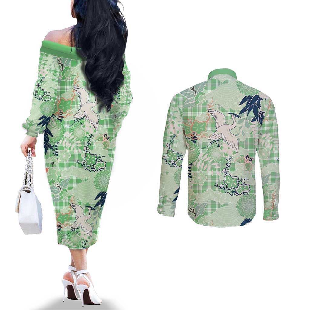 Green Palaka Crane and Flowers Couples Matching Off The Shoulder Long Sleeve Dress and Long Sleeve Button Shirt Japan Heritage Spirit LT9 - Polynesian Pride