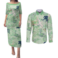 Green Palaka Crane and Flowers Couples Matching Puletasi and Long Sleeve Button Shirt Japan Heritage Spirit LT9 Green - Polynesian Pride