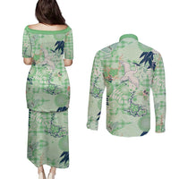 Green Palaka Crane and Flowers Couples Matching Puletasi and Long Sleeve Button Shirt Japan Heritage Spirit LT9 - Polynesian Pride