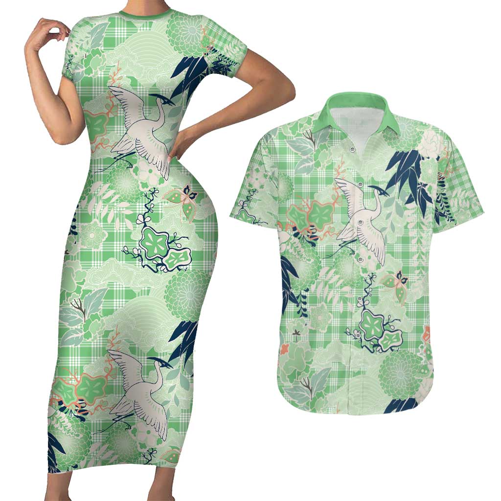 Green Palaka Crane and Flowers Couples Matching Short Sleeve Bodycon Dress and Hawaiian Shirt Japan Heritage Spirit LT9 Green - Polynesian Pride