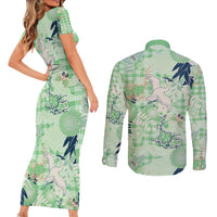 Green Palaka Crane and Flowers Couples Matching Short Sleeve Bodycon Dress and Long Sleeve Button Shirt Japan Heritage Spirit LT9 - Polynesian Pride