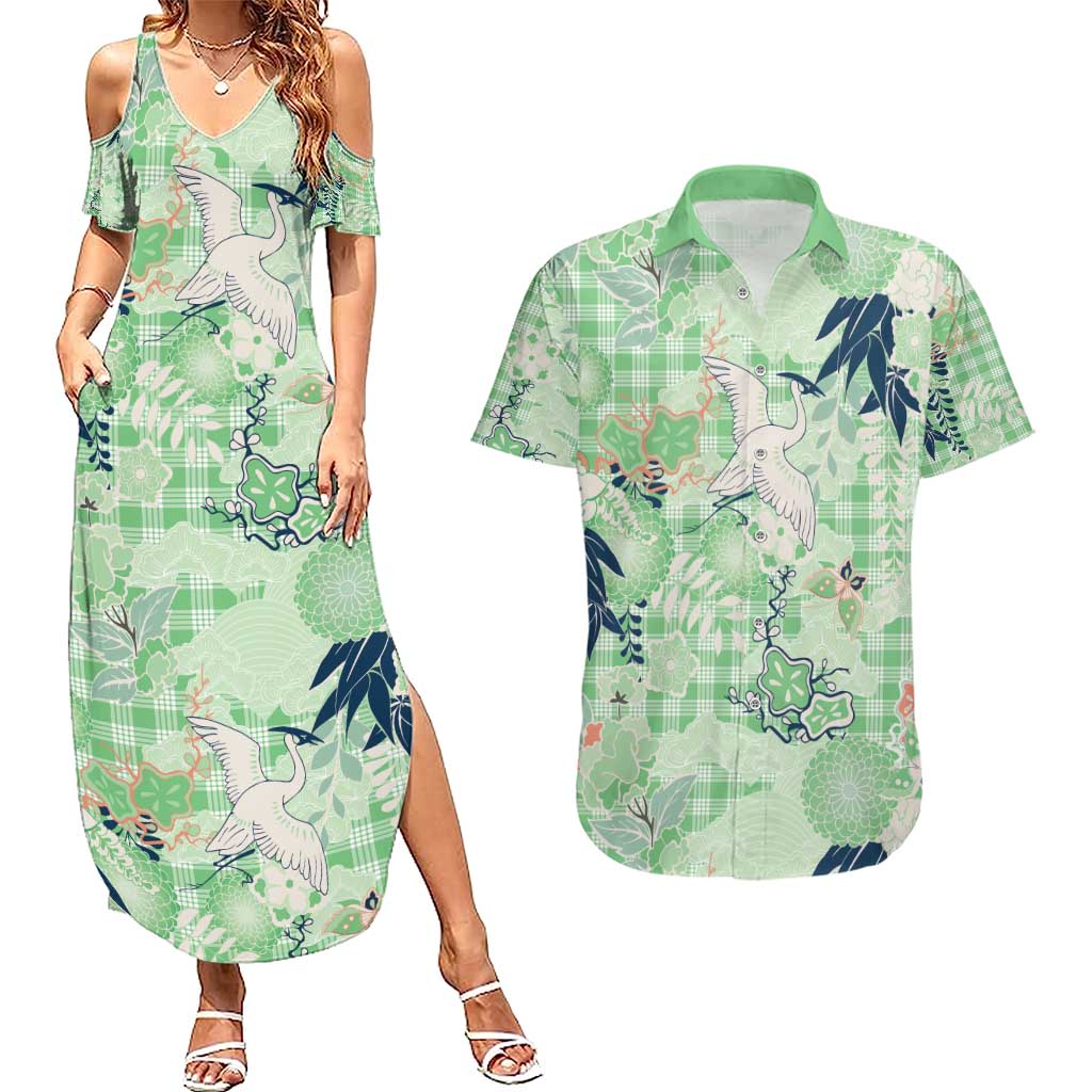 Green Palaka Crane and Flowers Couples Matching Summer Maxi Dress and Hawaiian Shirt Japan Heritage Spirit LT9 Green - Polynesian Pride