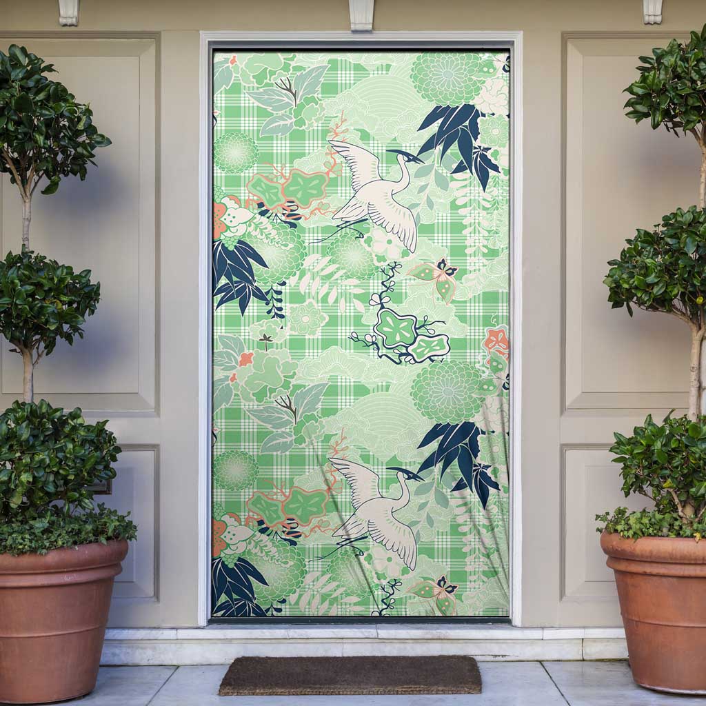Green Palaka Crane and Flowers Door Cover Japan Heritage Spirit LT9 Green - Polynesian Pride