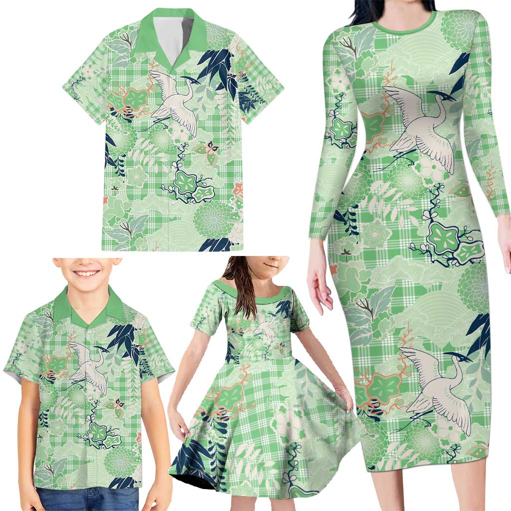 Green Palaka Crane and Flowers Family Matching Long Sleeve Bodycon Dress and Hawaiian Shirt Japan Heritage Spirit LT9 - Polynesian Pride