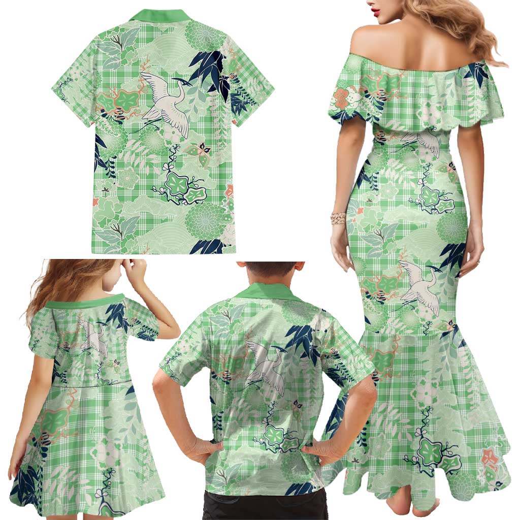 Green Palaka Crane and Flowers Family Matching Mermaid Dress and Hawaiian Shirt Japan Heritage Spirit LT9 - Polynesian Pride