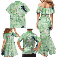 Green Palaka Crane and Flowers Family Matching Mermaid Dress and Hawaiian Shirt Japan Heritage Spirit LT9 - Polynesian Pride
