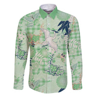 Green Palaka Crane and Flowers Family Matching Mermaid Dress and Hawaiian Shirt Japan Heritage Spirit LT9 Dad's Shirt - Long Sleeve Green - Polynesian Pride