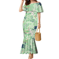 Green Palaka Crane and Flowers Family Matching Mermaid Dress and Hawaiian Shirt Japan Heritage Spirit LT9 Mom's Dress Green - Polynesian Pride