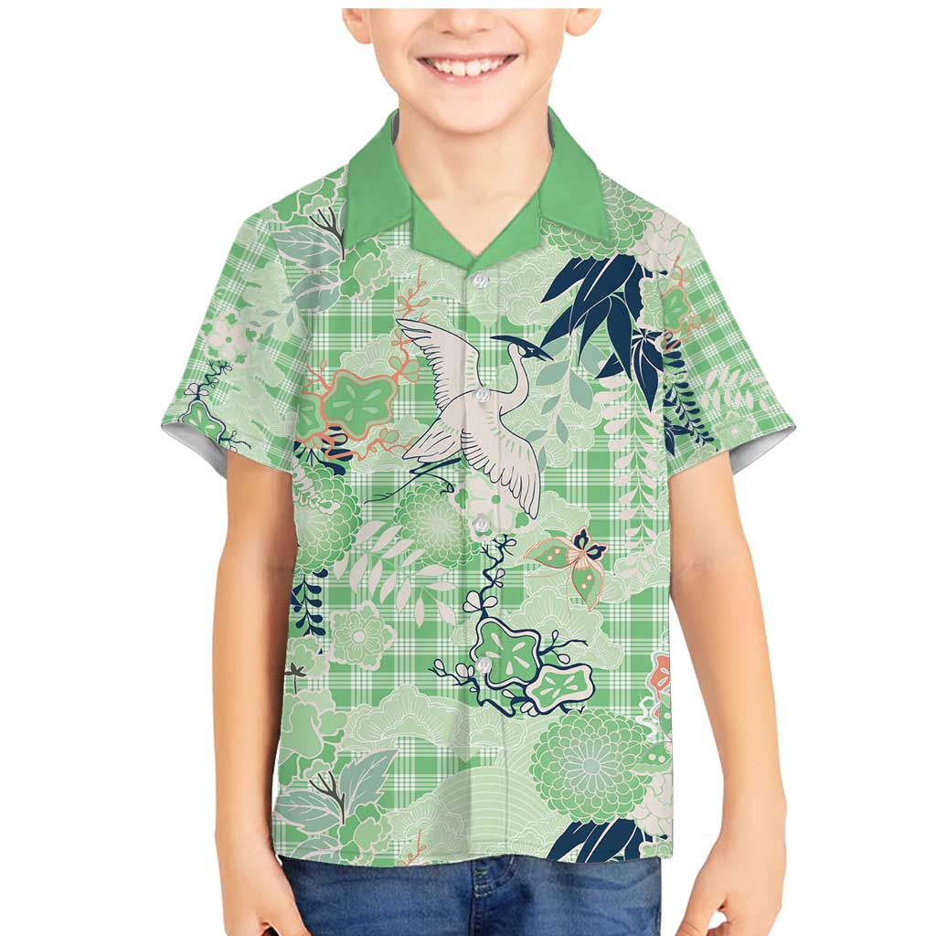 Green Palaka Crane and Flowers Family Matching Mermaid Dress and Hawaiian Shirt Japan Heritage Spirit LT9 Son's Shirt Green - Polynesian Pride