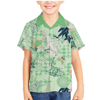 Green Palaka Crane and Flowers Family Matching Mermaid Dress and Hawaiian Shirt Japan Heritage Spirit LT9 Son's Shirt Green - Polynesian Pride
