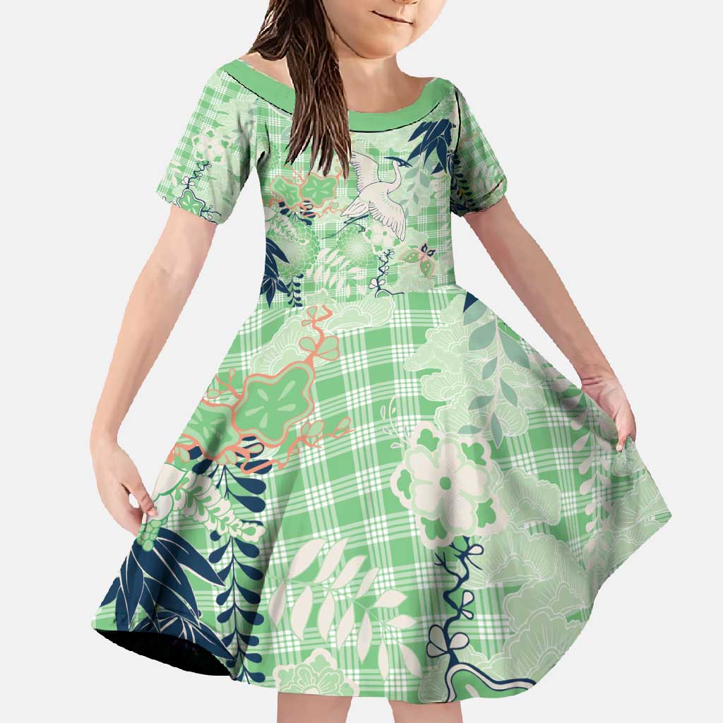 Green Palaka Crane and Flowers Family Matching Off Shoulder Maxi Dress and Hawaiian Shirt Japan Heritage Spirit LT9 Daughter's Dress Green - Polynesian Pride