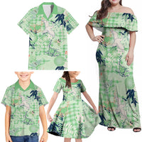 Green Palaka Crane and Flowers Family Matching Off Shoulder Maxi Dress and Hawaiian Shirt Japan Heritage Spirit LT9 - Polynesian Pride