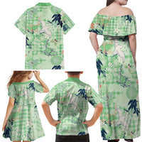 Green Palaka Crane and Flowers Family Matching Off Shoulder Maxi Dress and Hawaiian Shirt Japan Heritage Spirit LT9 - Polynesian Pride