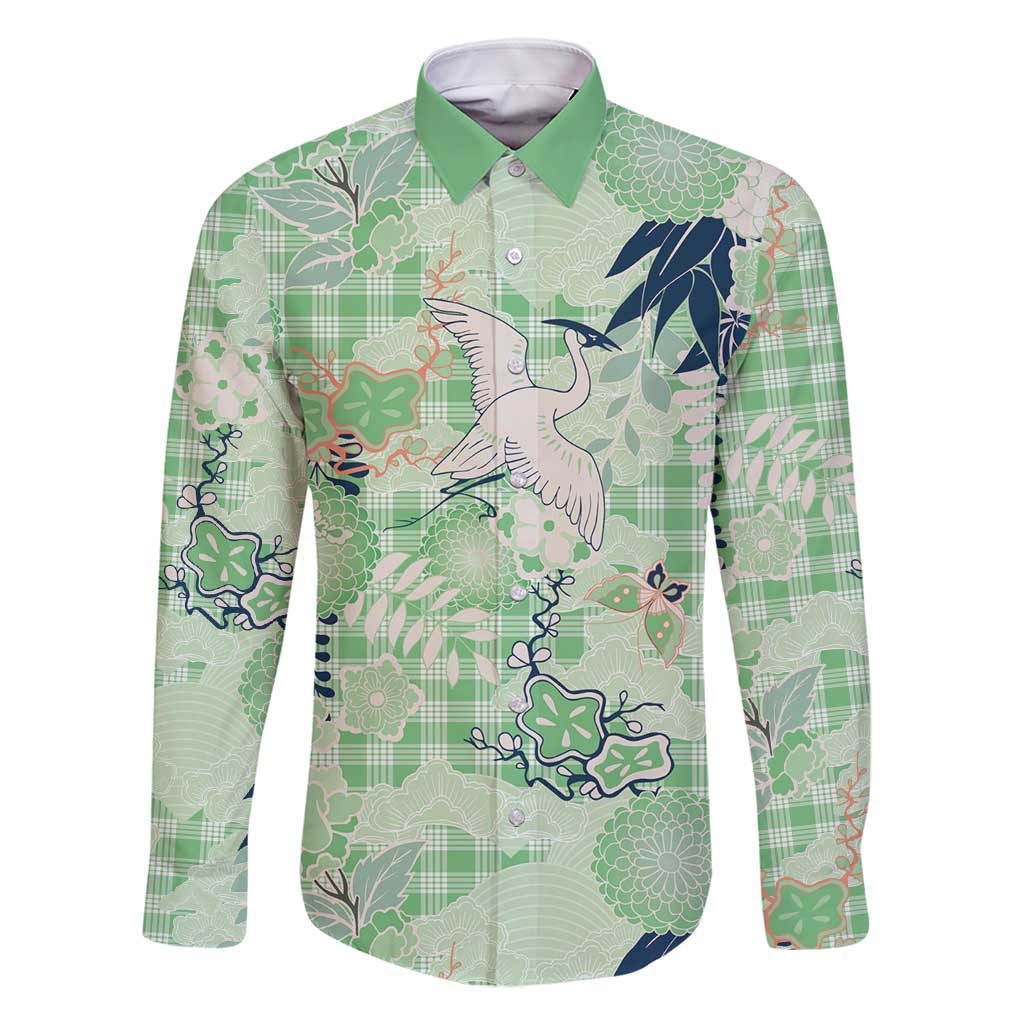 Green Palaka Crane and Flowers Family Matching Off Shoulder Maxi Dress and Hawaiian Shirt Japan Heritage Spirit LT9 Dad's Shirt - Long Sleeve Green - Polynesian Pride