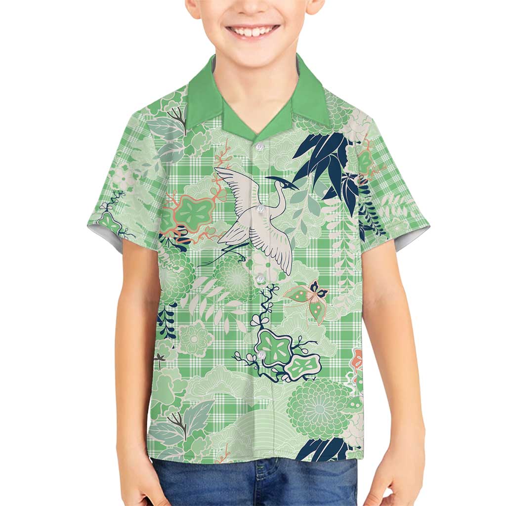 Green Palaka Crane and Flowers Family Matching Off Shoulder Maxi Dress and Hawaiian Shirt Japan Heritage Spirit LT9 Son's Shirt Green - Polynesian Pride