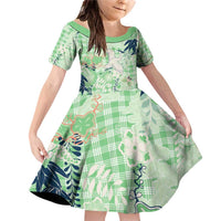 Green Palaka Crane and Flowers Family Matching Off Shoulder Short Dress and Hawaiian Shirt Japan Heritage Spirit LT9 Daughter's Dress Green - Polynesian Pride