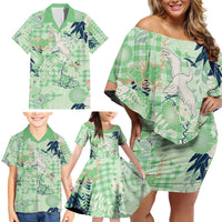 Green Palaka Crane and Flowers Family Matching Off Shoulder Short Dress and Hawaiian Shirt Japan Heritage Spirit LT9 - Polynesian Pride