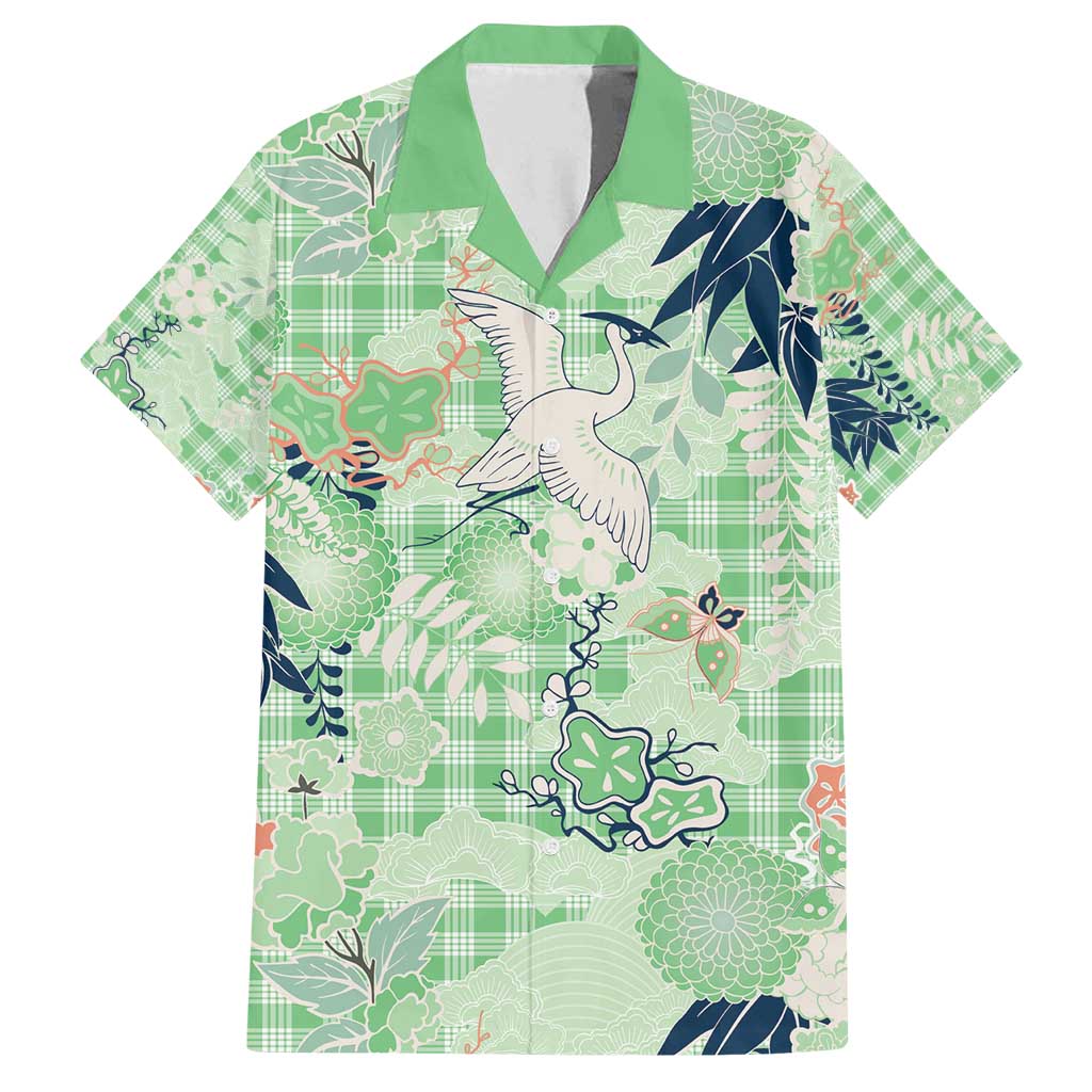 Green Palaka Crane and Flowers Family Matching Off Shoulder Short Dress and Hawaiian Shirt Japan Heritage Spirit LT9 Dad's Shirt - Short Sleeve Green - Polynesian Pride