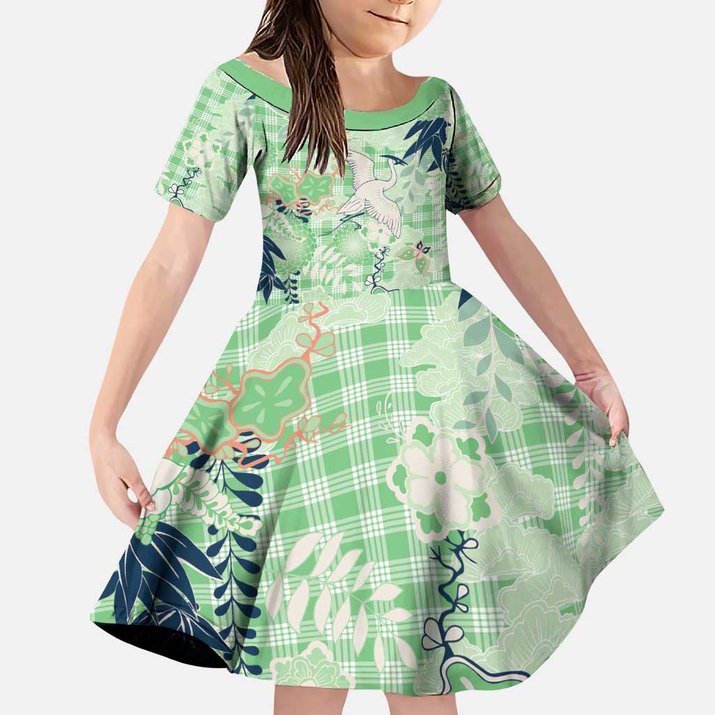 Green Palaka Crane and Flowers Family Matching Puletasi and Hawaiian Shirt Japan Heritage Spirit LT9 Daughter's Dress Green - Polynesian Pride